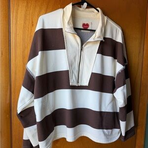 Striped Zip-Up Pullover Sweater - Brown & Cream
